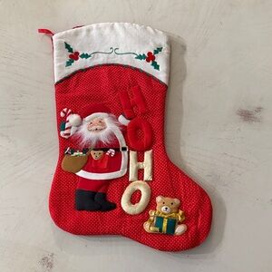 Vtg festive red Christmas stocking with Santa and Teddy Bear